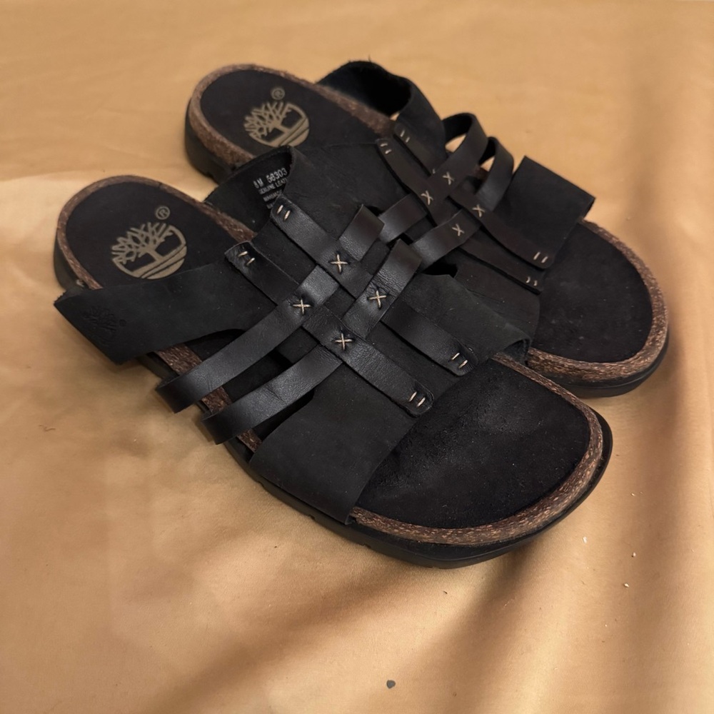 Timberland Black Leather Slide Sandals Women’s 8M Genuine Leather Comfort Boho - Picture 3 of 8